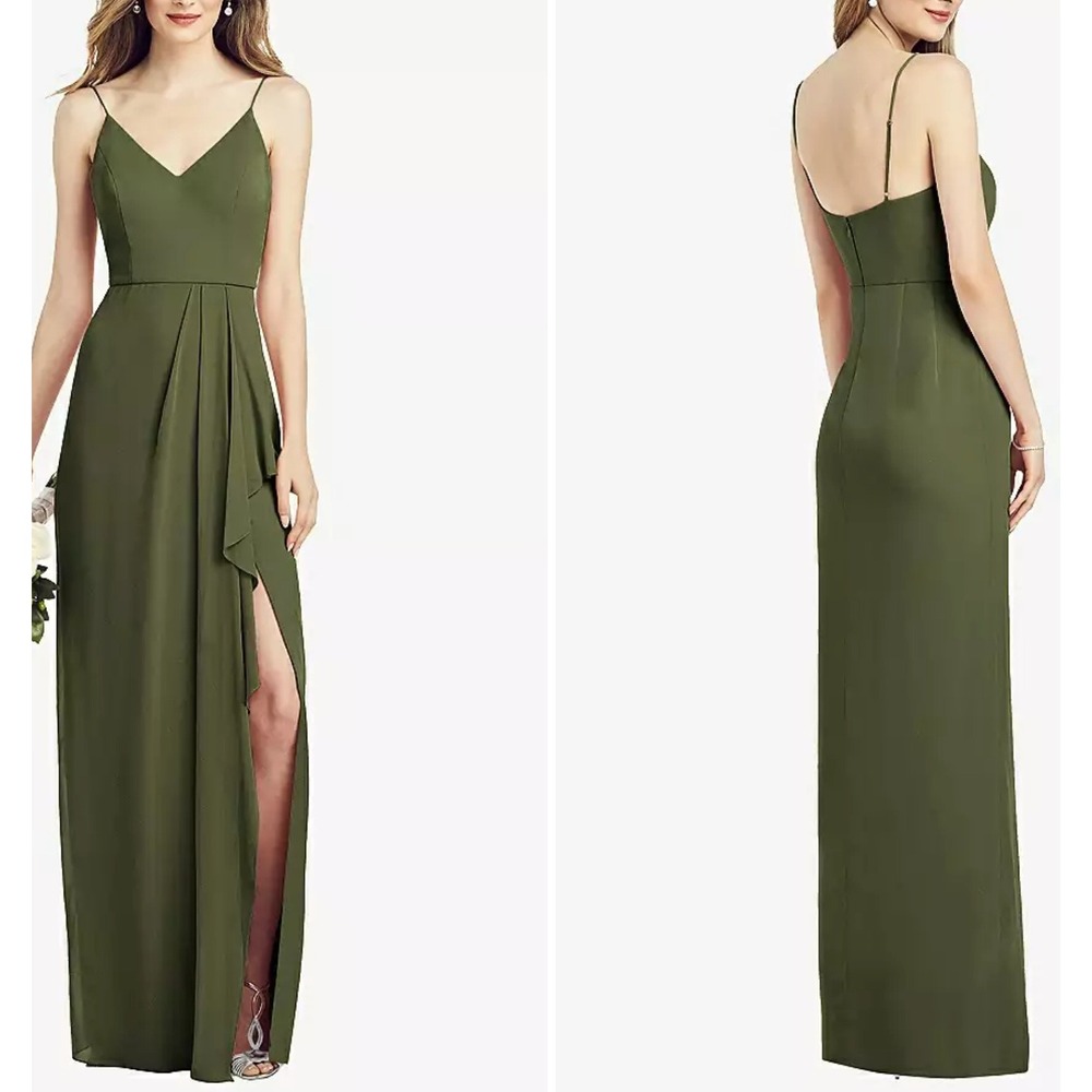 After Six Olive Green Chiffon V-Neck Maxi Dress with Ruffle Size 6R